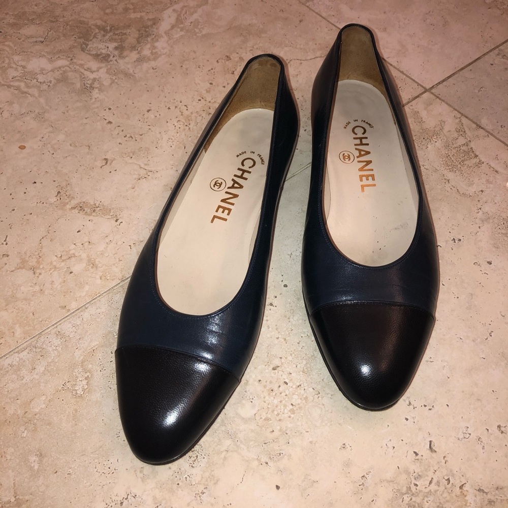 Chanel navy blue with black cap toe ballet flats